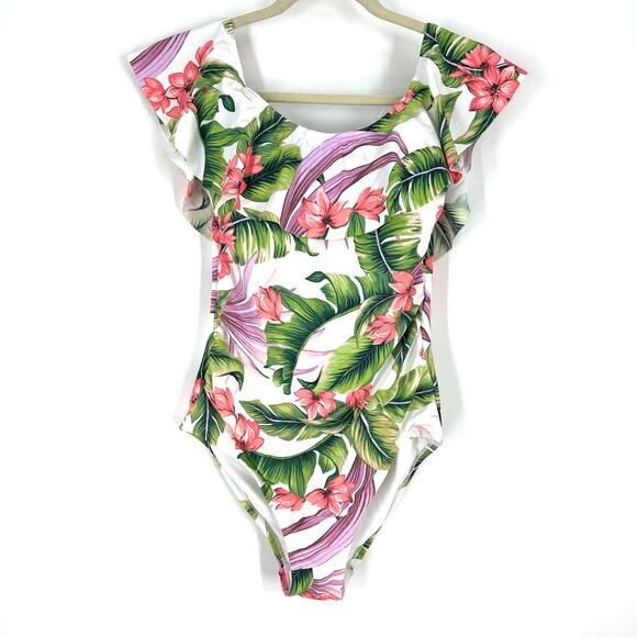 NWT Kona Sol One Piece Floral Swimsuit Size Medium 8/10 Off Shoulder Flounce - Picture 2 of 7